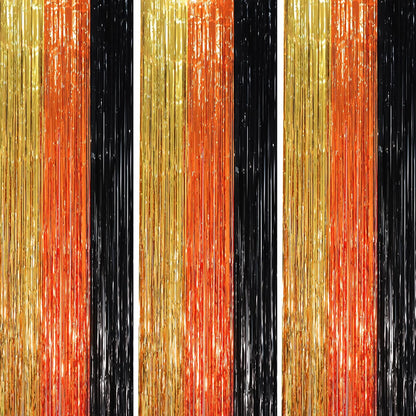3 Pack 3.3 x 8.2 ft Black Gold Orange Foil Fringe Backdrop Curtains, Tinsel Streamers Party