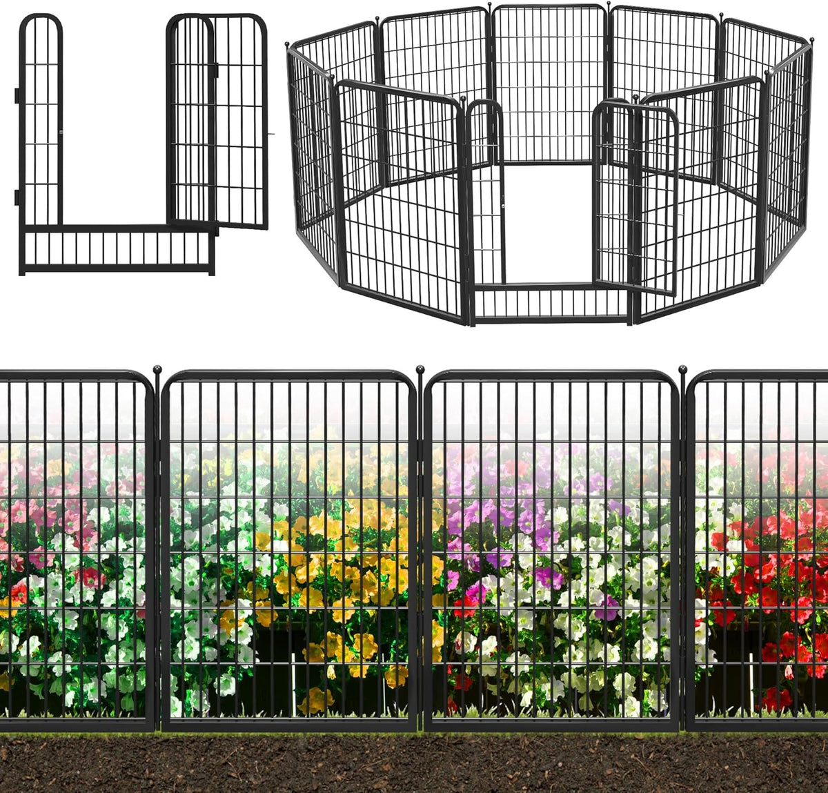 Decorative Black Metal Fencing Garden Fence with Gate, 23ft(L) 40in(H) 10 Fence Panels No Dig Fence