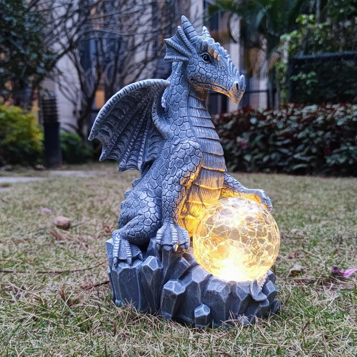 Dragon Solar Garden Statues Outdoor Decoration with Magic Orb,Dragon Figurine Solar LED Lights Lawn