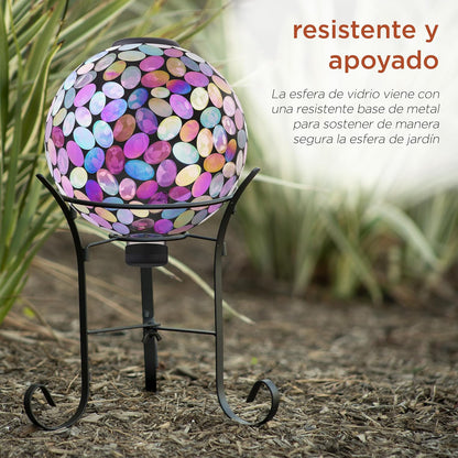 Alpine Corporation Outdoor Solar Powered Pink Glass Mosaic Gazing Globe with LED Lights and Metal