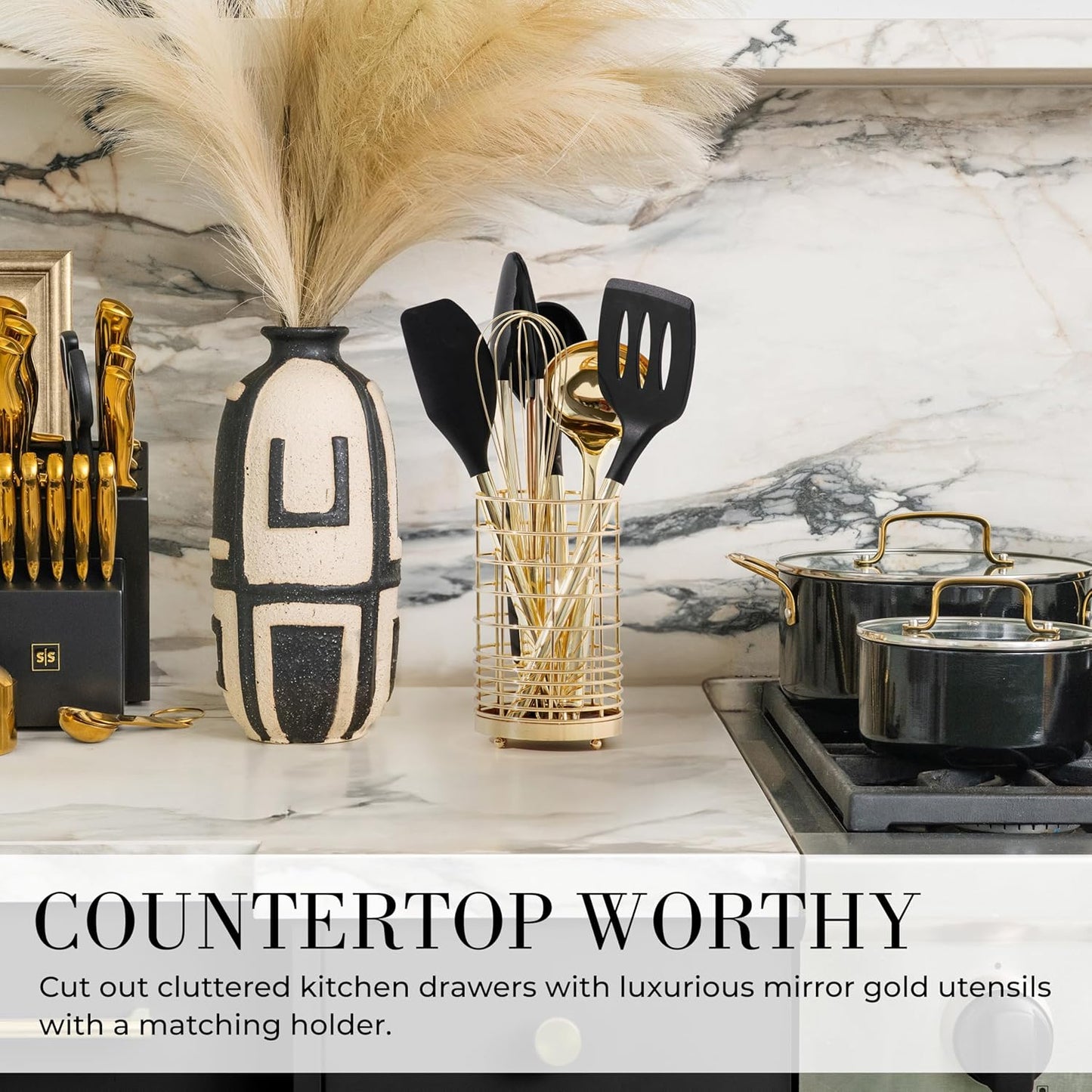 Styled Settings Black and Gold Cooking Utensils Set - 7-Piece Silicone Utensils Set Include Spatula