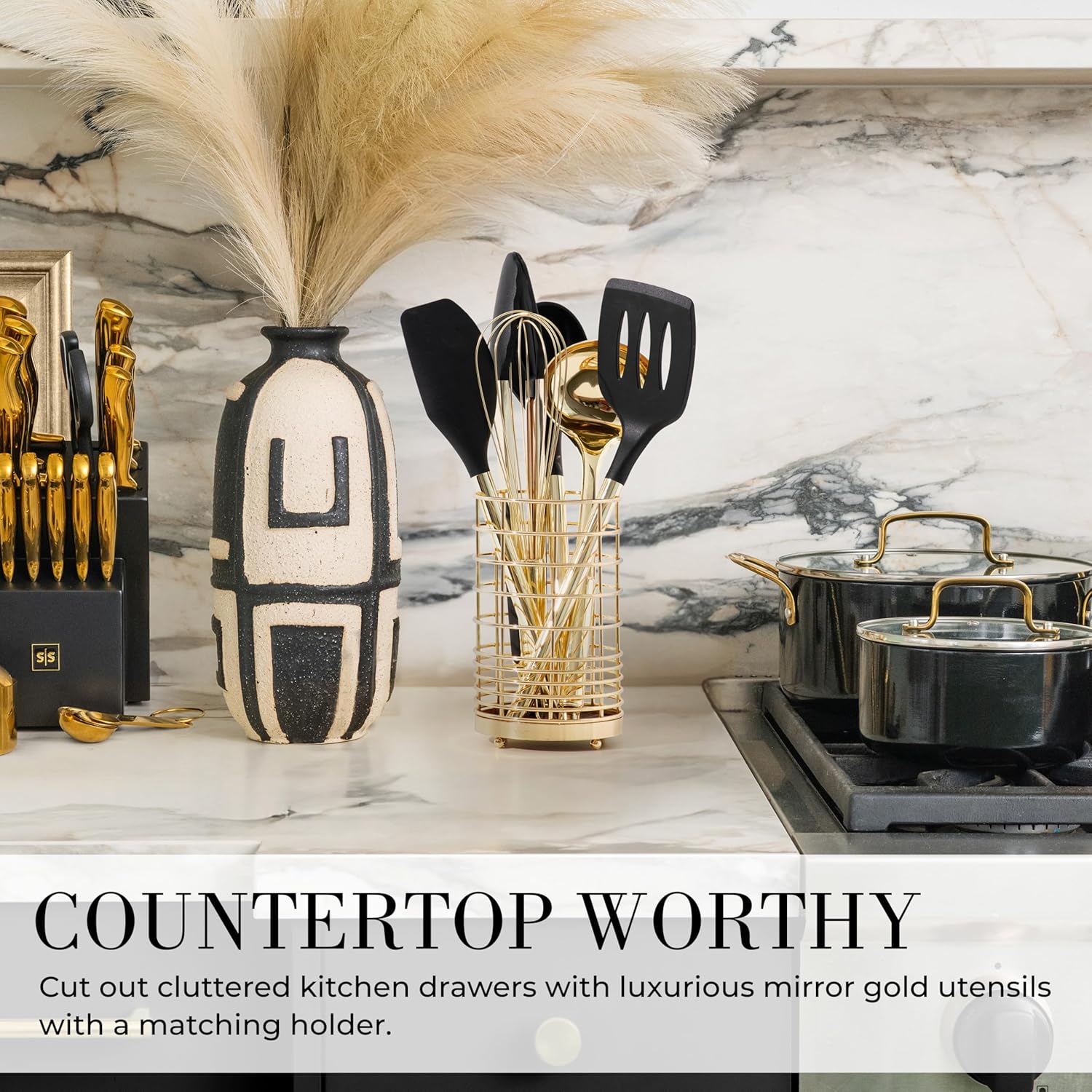 Styled Settings Black and Gold Cooking Utensils Set - 7-Piece Silicone Utensils Set Include Spatula