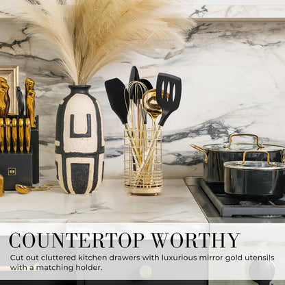 Styled Settings Black and Gold Cooking Utensils Set - 7-Piece Silicone Utensils Set Include Spatula