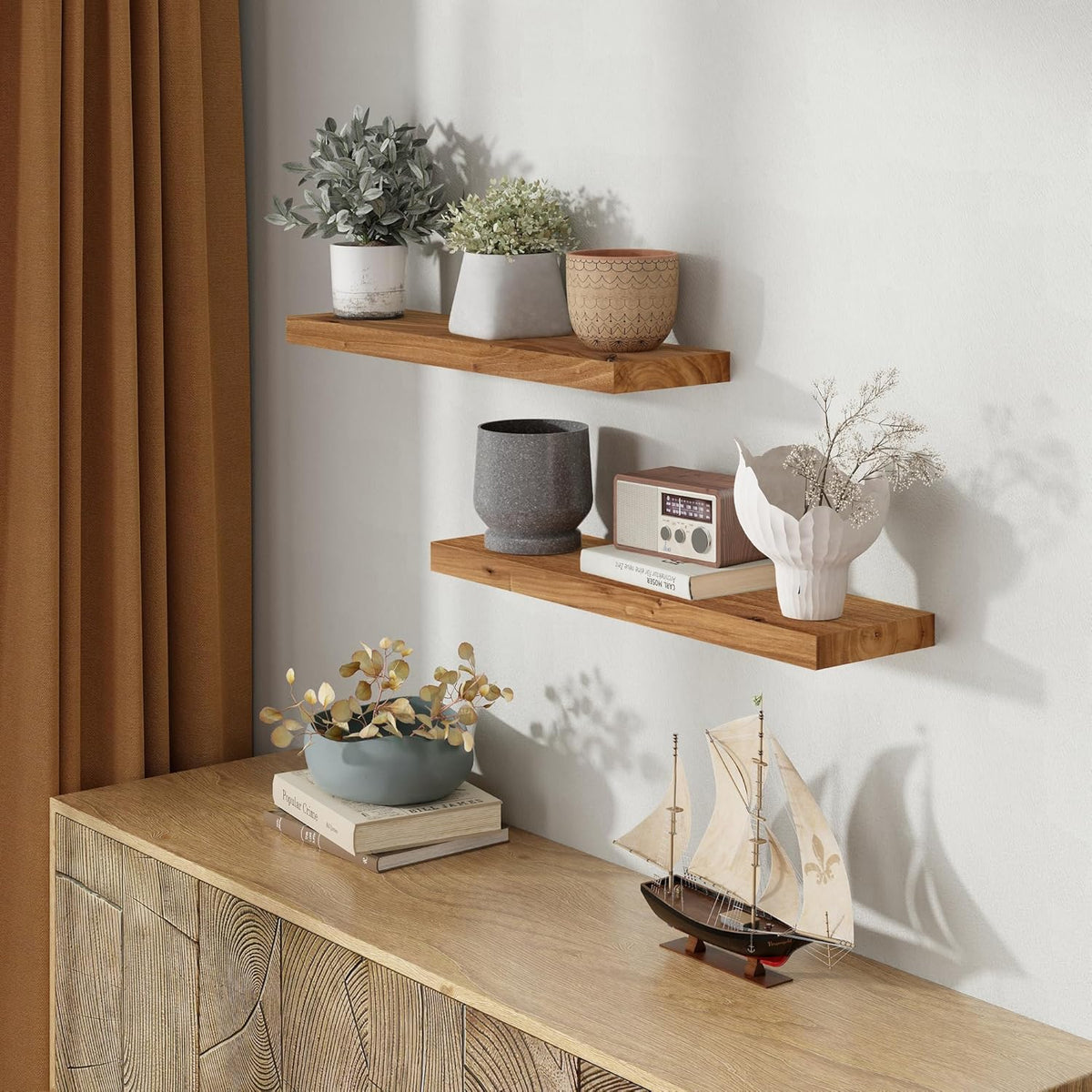 Rustic 30" Floating Shelves, Real Elm Wood Floating Shelf for Wall, Heavy-Duty Wall Shelves for