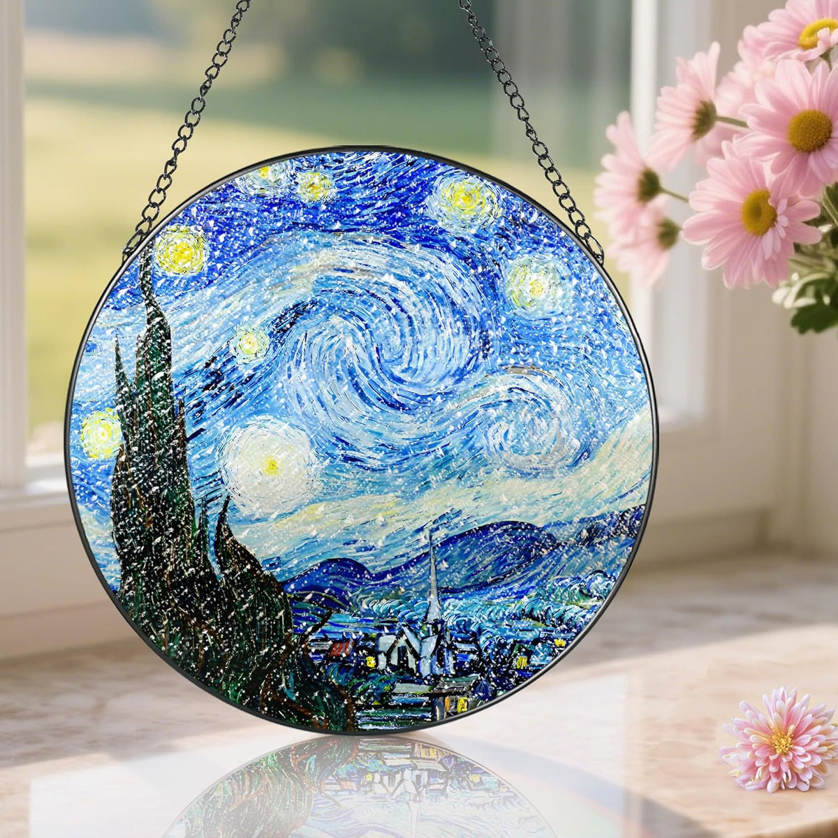 Stained Glass Window Hanging, Pauyadu Van Gogh Starry Night Sun Catchers, Stained Glass Suncatcher