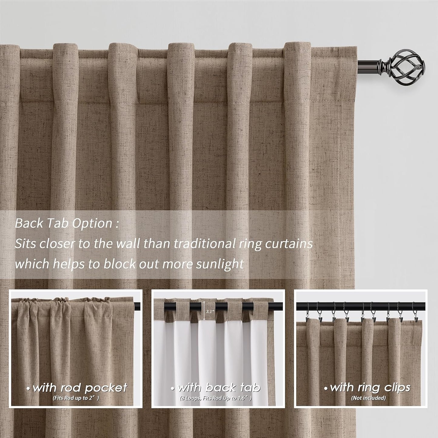 BOODII Room Darkening Curtains Brown Black Out Curtains 96 Inches Long 2 Panel Set Back Tab Neutral