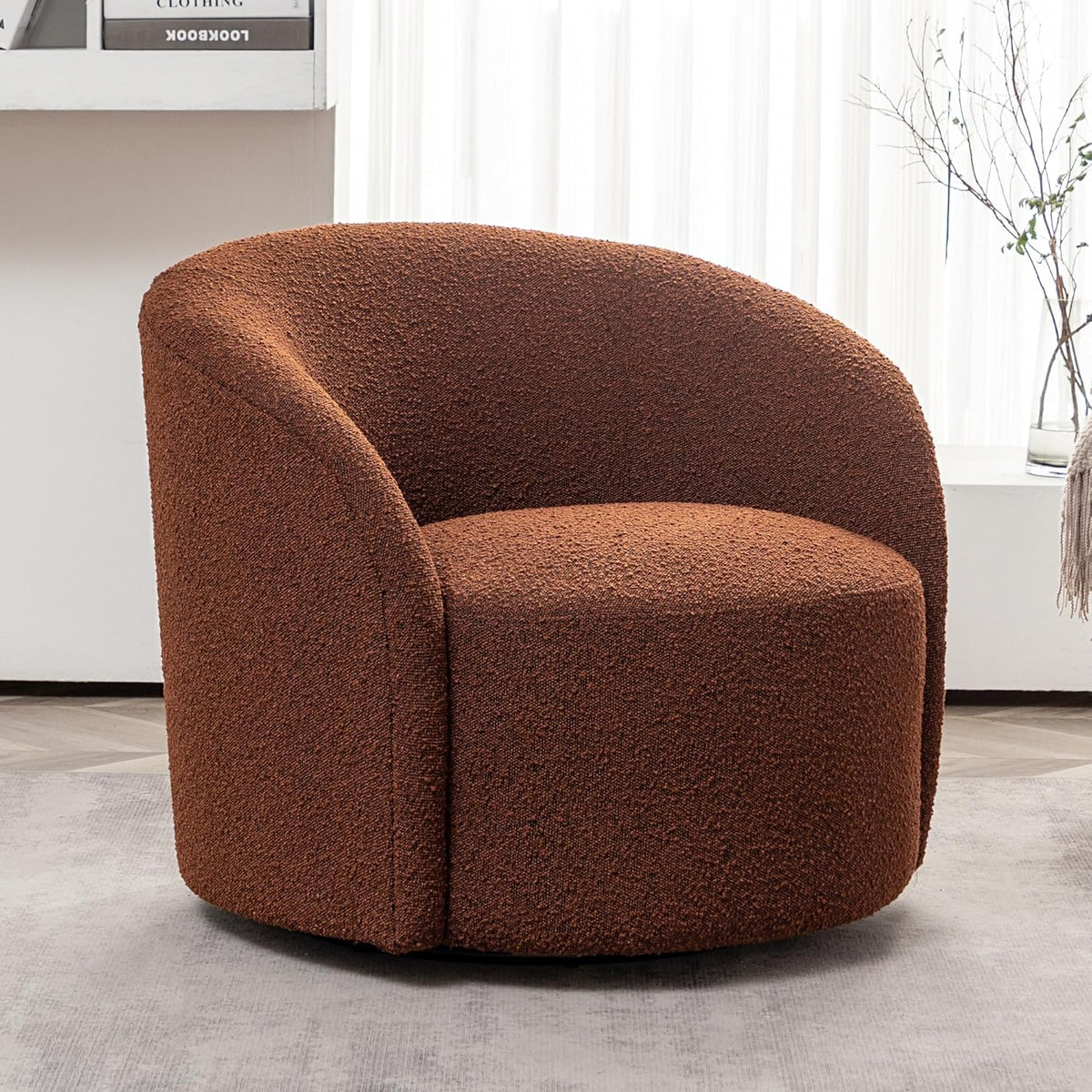 KINWELL 34" W Mid Century Modern Swivel Barrel Chair, Round Upholstered Boucle Swivel Accent