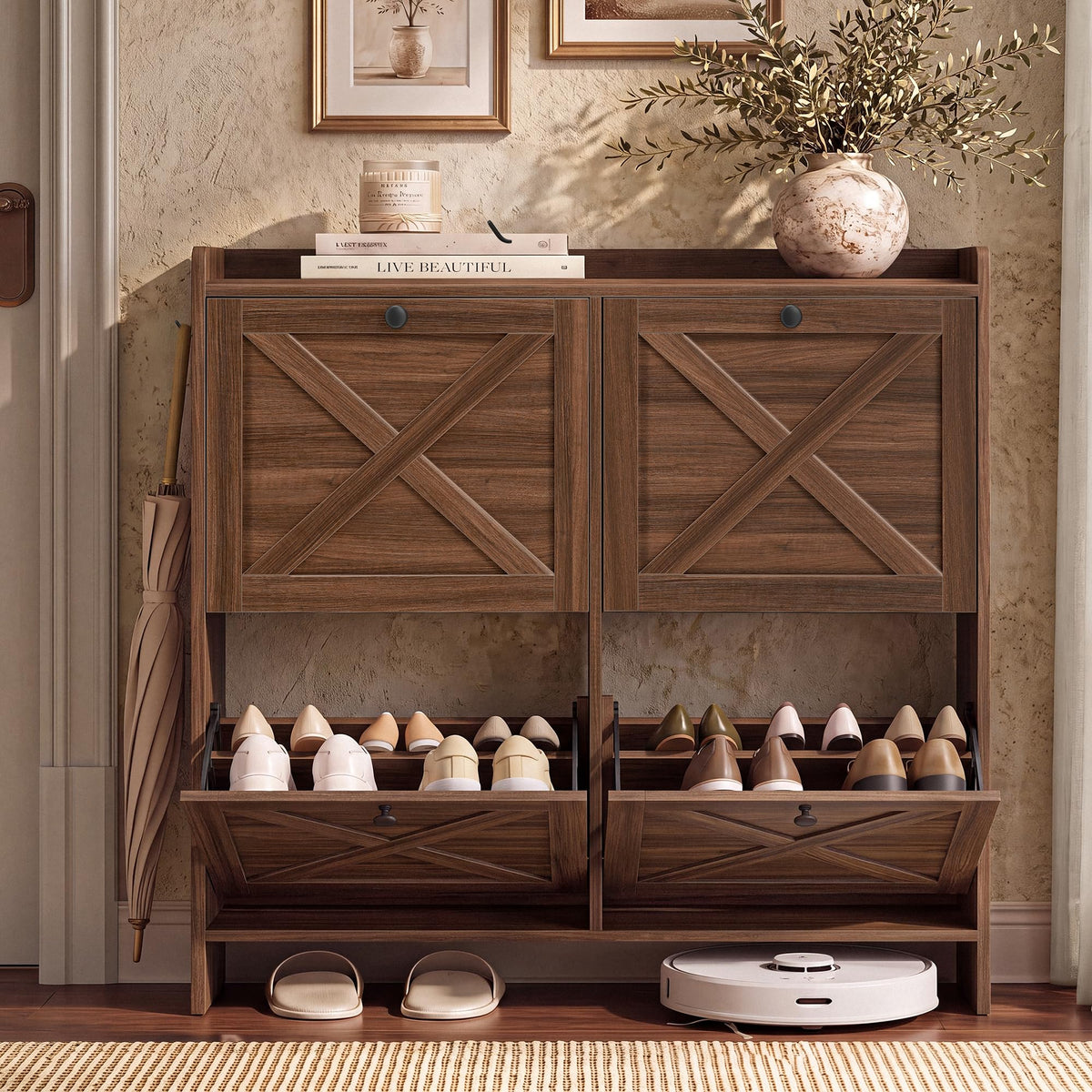 VASAGLE Shoe Storage Cabinet Organizer with 4 Flip Drawers, Freestanding Narrow Shoe Rack Cabinet