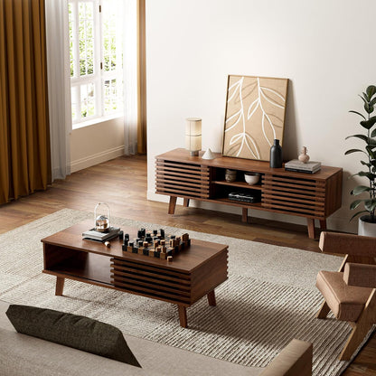 Mid Century Coffee Table with Storage & Sliding Fence Door, Modern Coffee Tables for Living Room