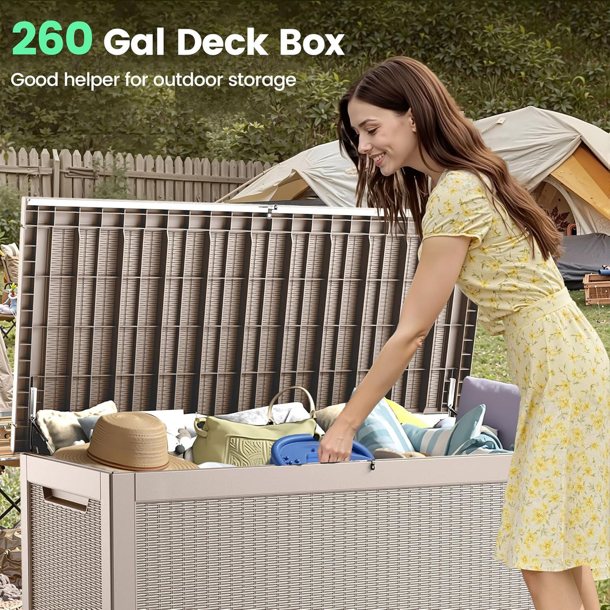 260 Gallon Storage Box, Waterproof Resin Deck Box with Steel Support & Hydraulic Rod, Lockable