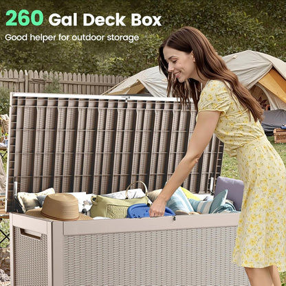 260 Gallon Storage Box, Waterproof Resin Deck Box with Steel Support & Hydraulic Rod, Lockable