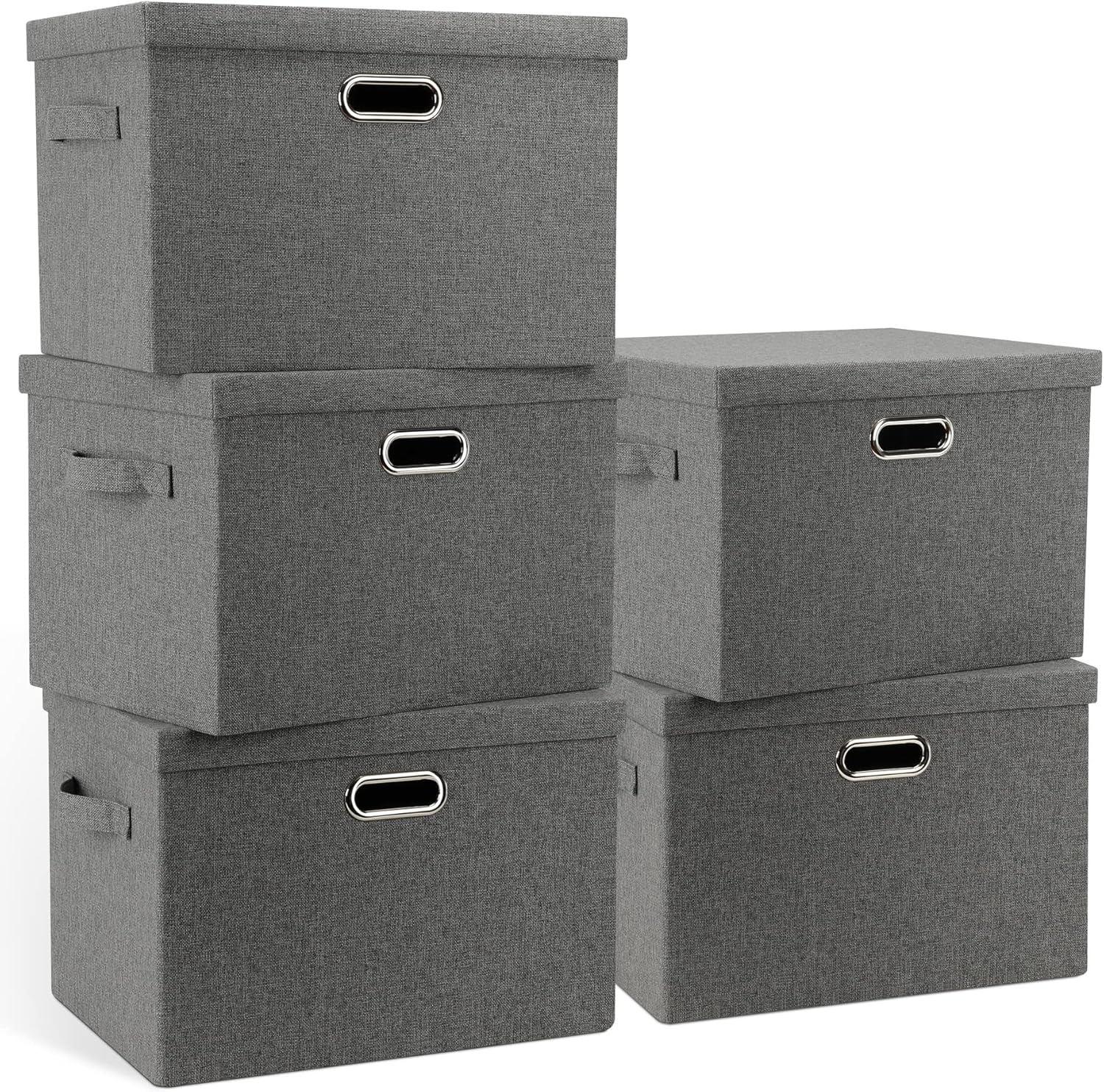 Large 17" 36 Quart Collapsible Stackable Storage Bins with Lids, 5 Packs Gray Foldable Fabric