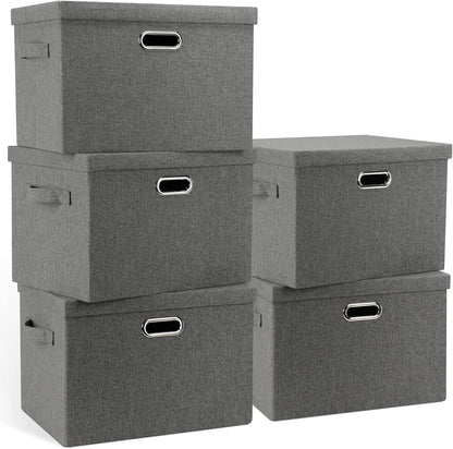 Large 17" 36 Quart Collapsible Stackable Storage Bins with Lids, 5 Packs Gray Foldable Fabric