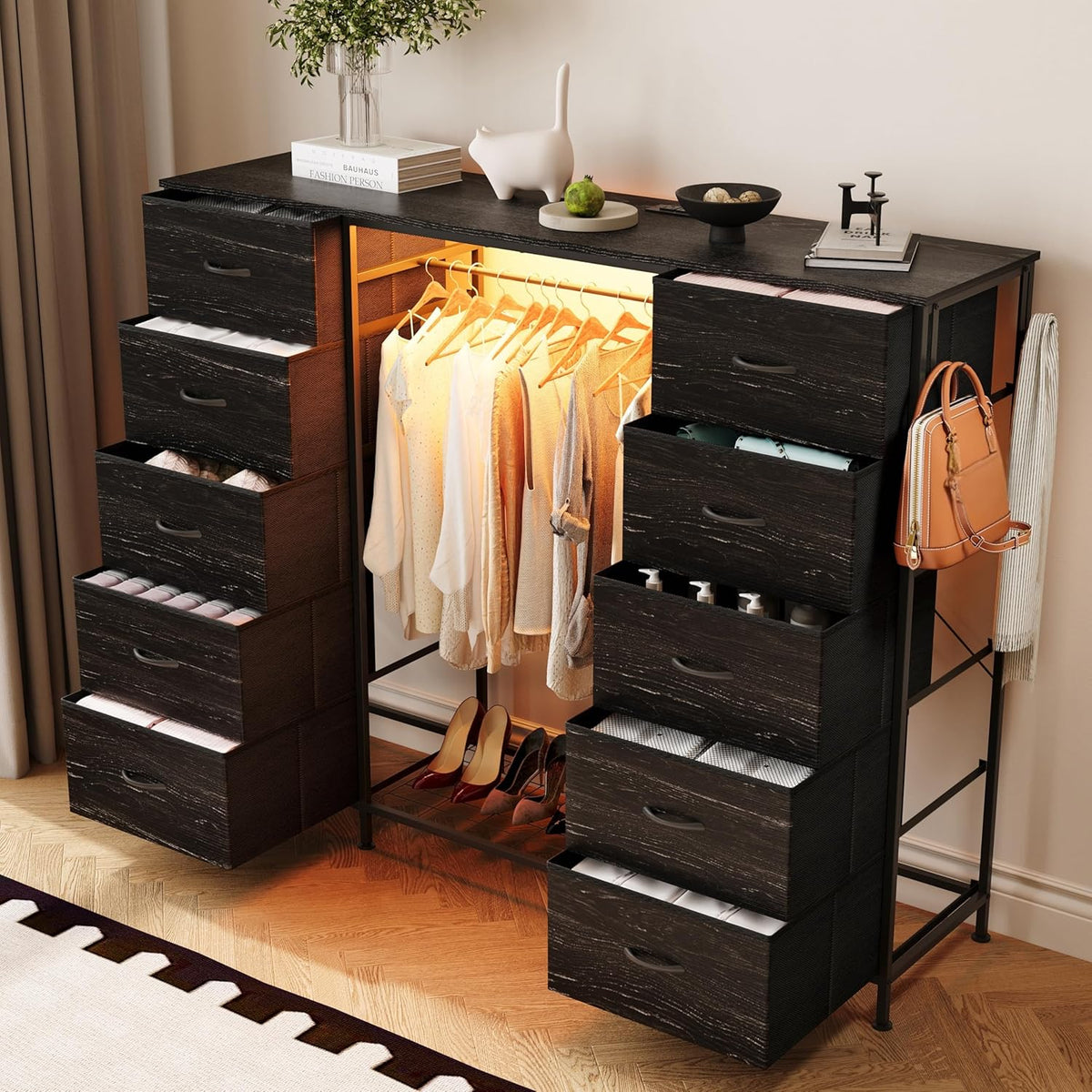 LUMTOK 55" W 2-in-1 Dresser with Hanging Rack, 10 Drawers Dresser for Bedroom,Dressers with Fabric