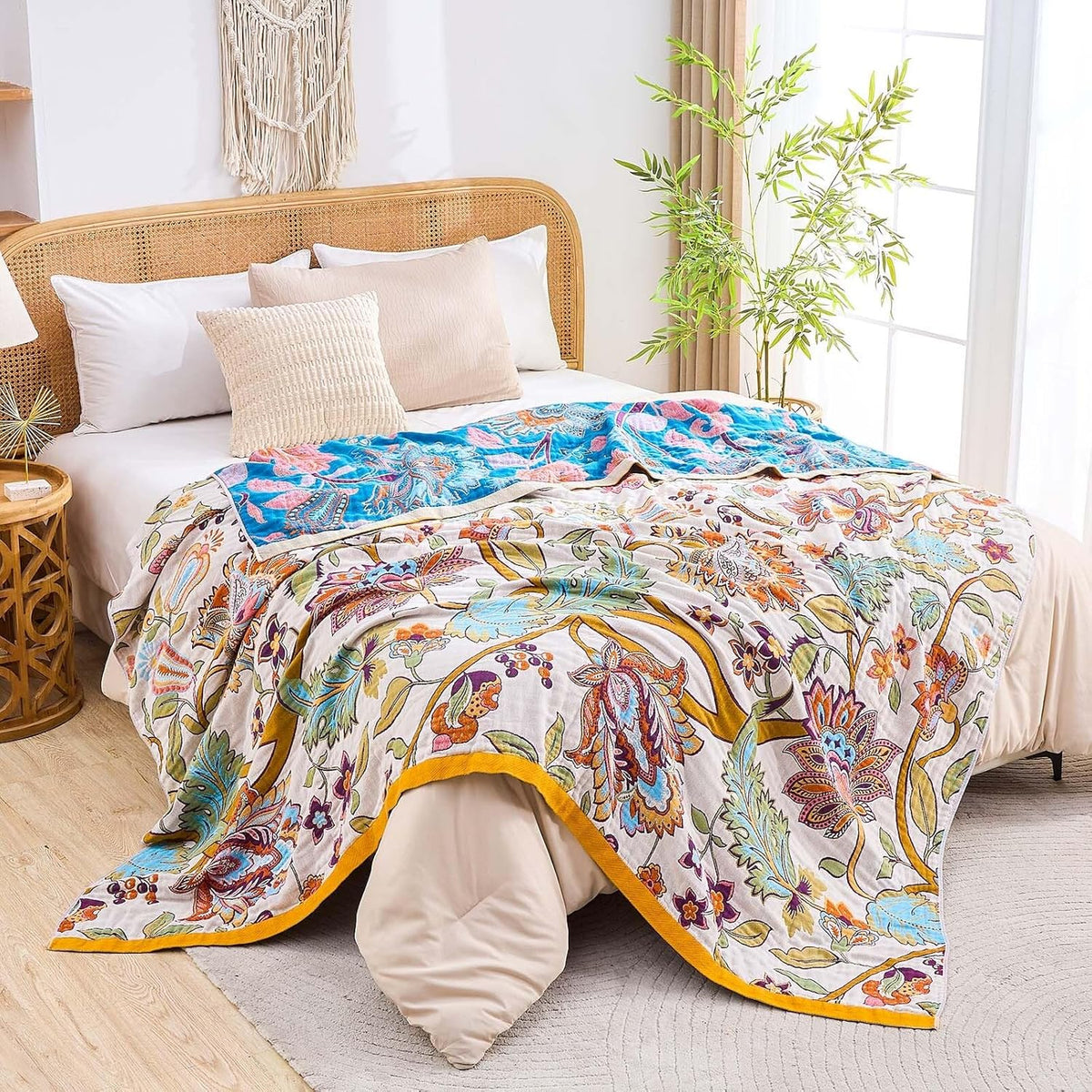 Boho Throw Blanket for Bed, 100% Cotton Soft Rustic Quilt Fall Blanket, 90"x98" Floral Printed