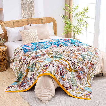 Boho Throw Blanket for Bed, 100% Cotton Soft Rustic Quilt Fall Blanket, 90"x98" Floral Printed