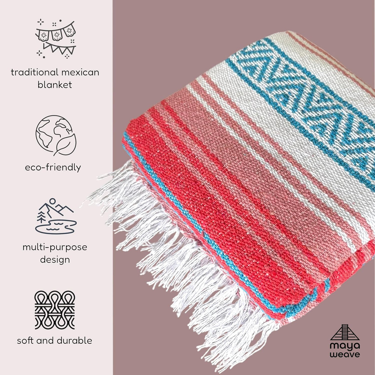 Traditional Handwoven Mexican Blanket, Large Falsa Serape - Soft & Durable - Vibrant Beach, Picnic