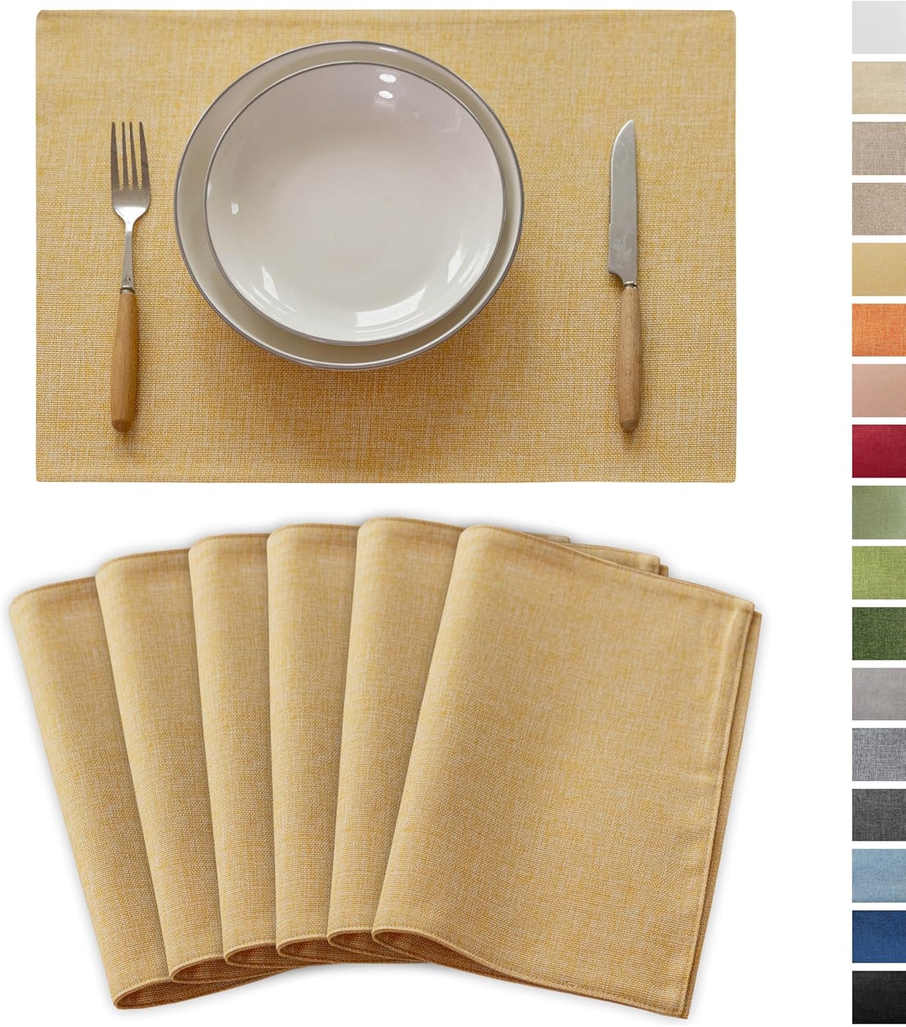Demetex Placemats Set of 6 Yellow Table Mats Linen Fabric Placemats Heat Resistant Cloth Place Mats