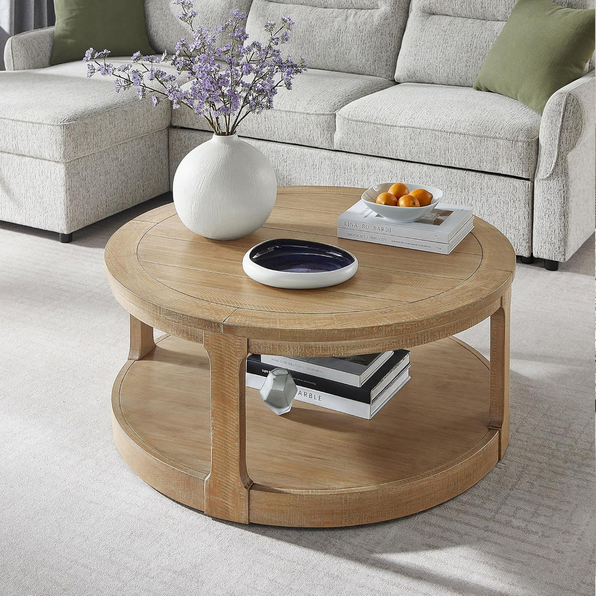 WILLIAMSPACE 40" Round Coffee Table with Wheels, Circle 2 Tier Solid Wood Center Coffee Table, Mid