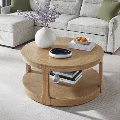 WILLIAMSPACE 40" Round Coffee Table with Wheels, Circle 2 Tier Solid Wood Center Coffee Table, Mid