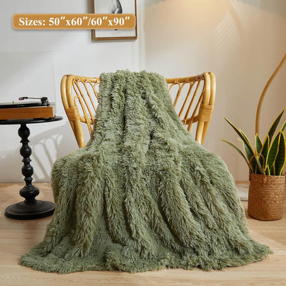 XeGe Luxury Faux Fur Blanket, Sage Green Soft Big Fluffy Throw, Shaggy Plush Decorative Couch