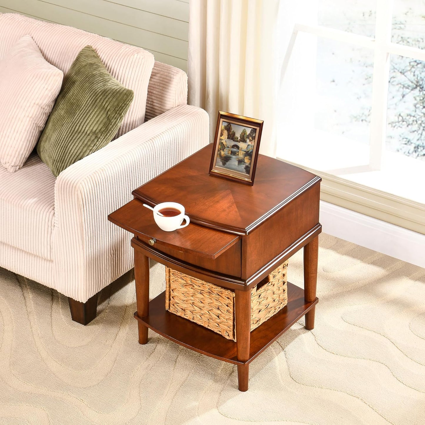 2 Tier Solid Wood Square End Table with Drawer, Wooden Sofa Side Table with Sliding Shelf & Lower