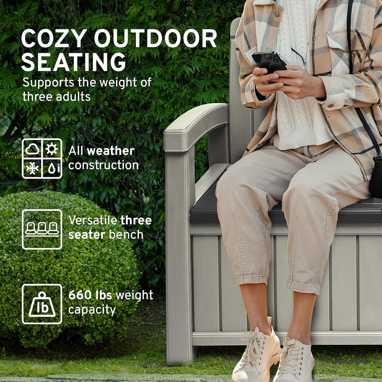 EconoHome 3 Seat Outdoor Storage Bench - 90 Gallon Capacity - Weatherproof Resin Bench for Patio