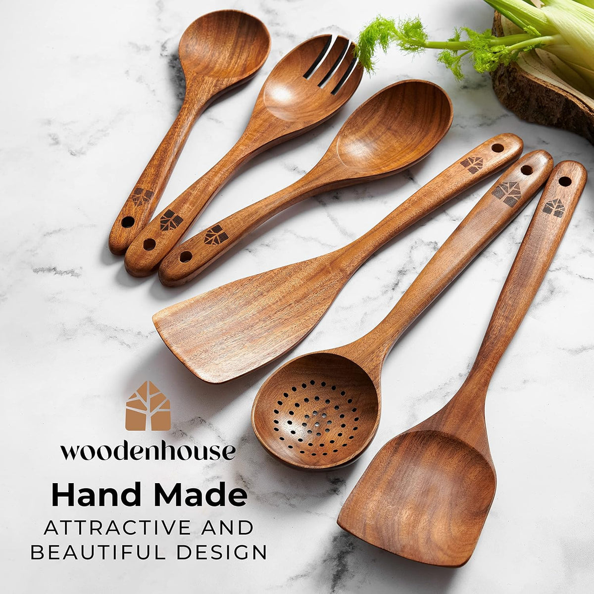 Wooden Spoons for Cooking – Wooden Kitchen Utensils Set, 6 Pcs Teak Wood Utensil Set – Comfortable