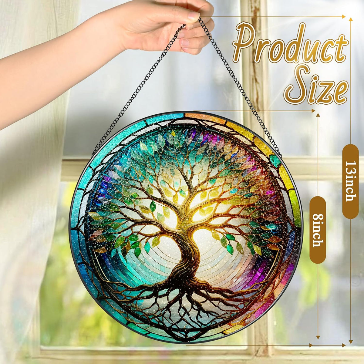 Stained Glass Window Hanging, LAOWEIKI 8'' Tree of Life Suncatcher, Stained Glass Ornament