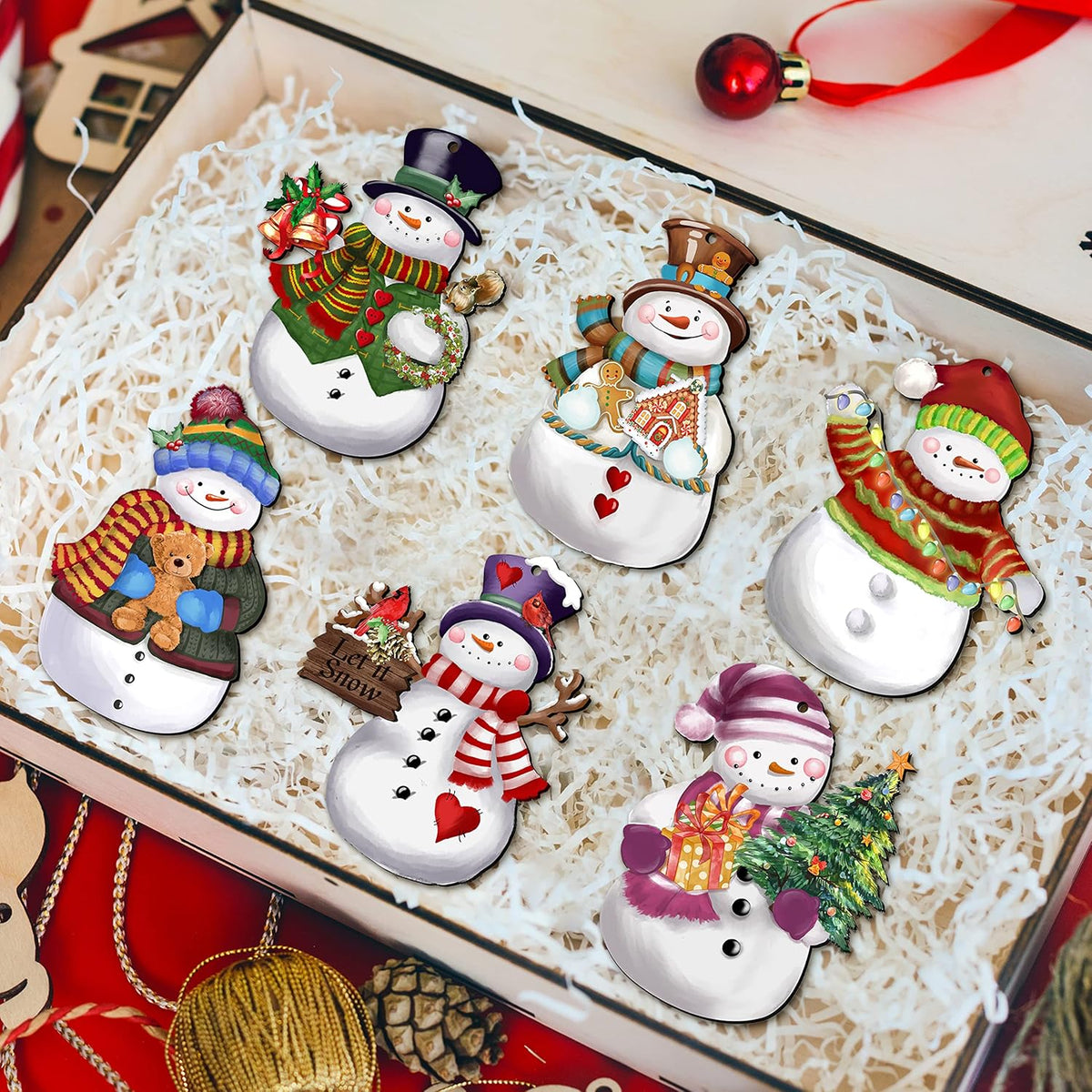 24 Pieces Christmas Snowman Wooden Ornaments Wood Hanging Decoration Set for Christmas Tree Hanging