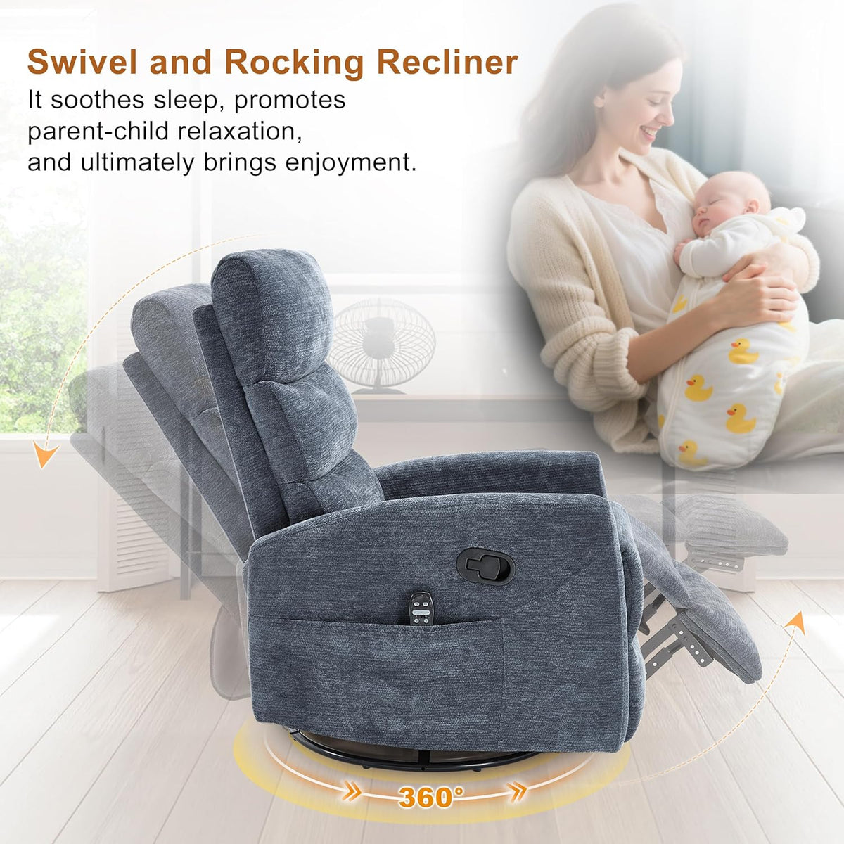 Manual Swivel Rocker Recliner Chair for Adults, Overstuffed Reclining Glider Chair for Nursing with