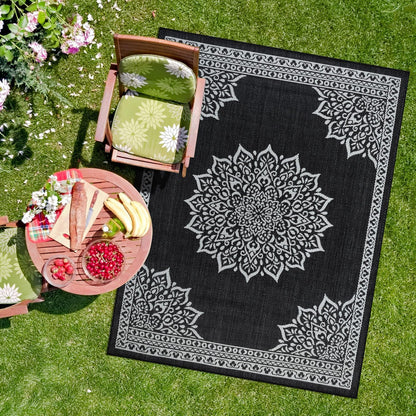 CAMILSON Outdoor Rug, 8x10 Medallion Black White Modern Area Rugs for Indoor and Outdoor Patios