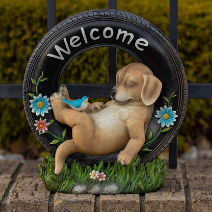VP Home Chillaxing Welcome Puppy Dog Solar Powered LED Garden Light Welcome Chillax Puppy Statue