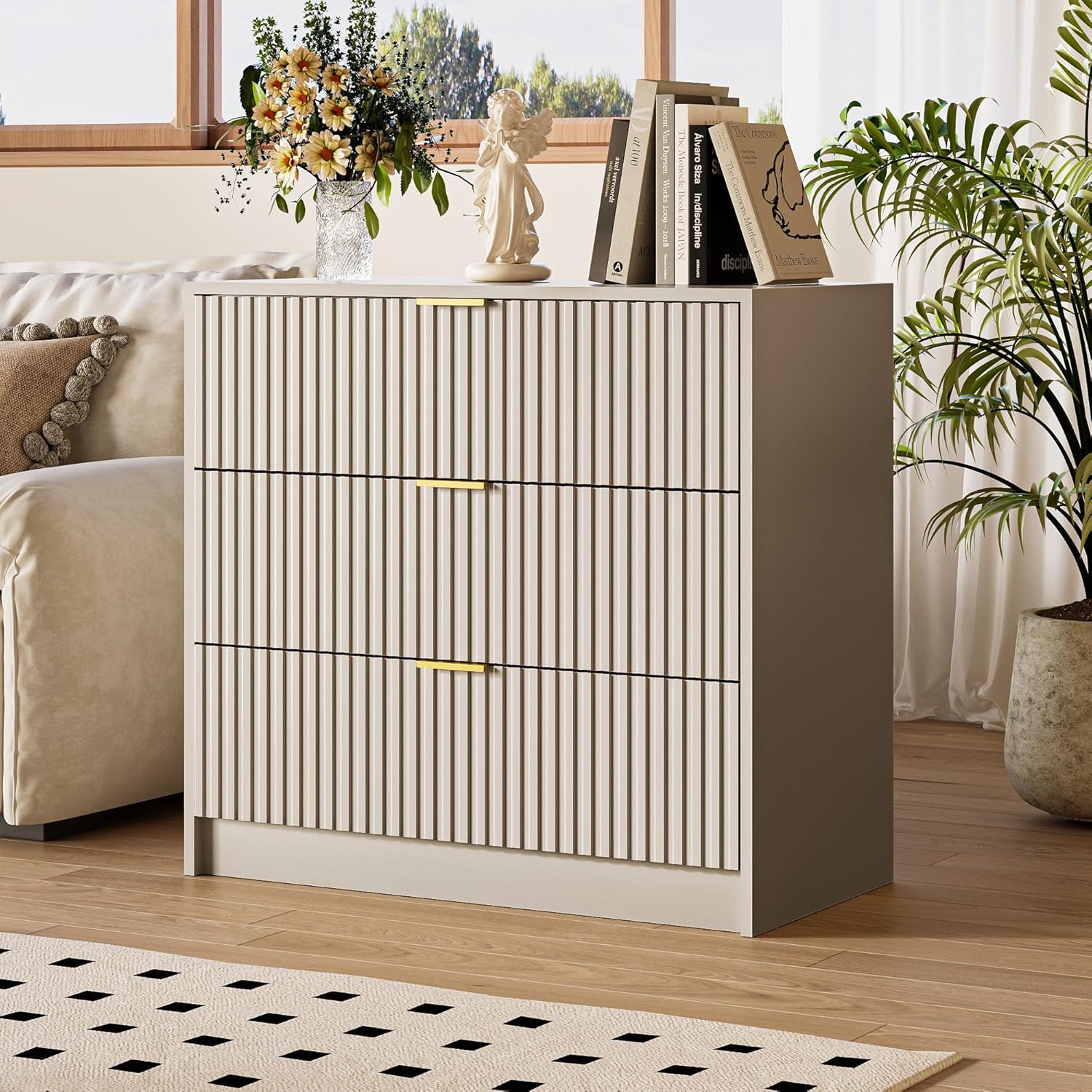 Fluted Dresser for Bedroom, 32 Inch Wide Nightstand with Large Drawer, 3 Drawer End Table for
