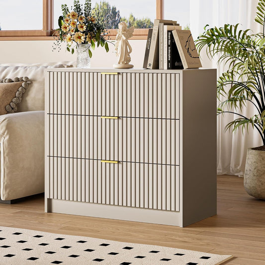 Fluted Dresser for Bedroom, 32 Inch Wide Nightstand with Large Drawer, 3 Drawer End Table for