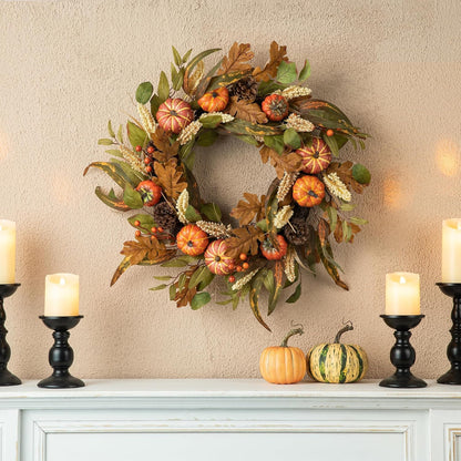 Glitzhome 24''D Fall Pumpkin Leaf Floral Wreath Decor, Artificial Harvest Door Wreath for Autumn or