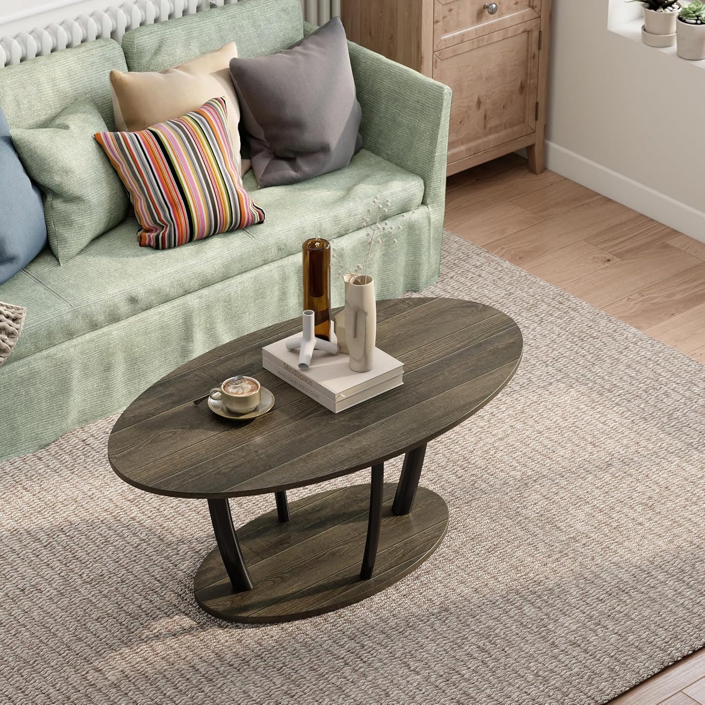 Manora Small Oval Coffee Table with Storage, Rustic Farmhouse Industrial Center Table for Living