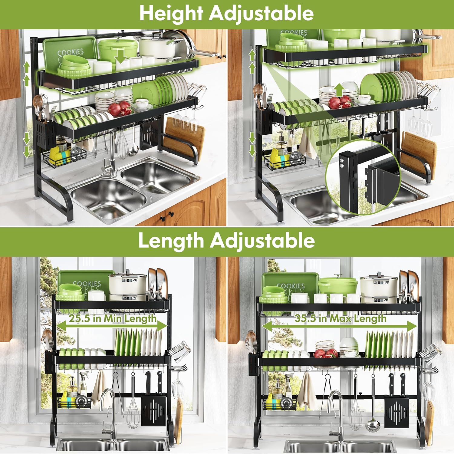 3 Tier Extra Large Stainless Steel Expandable Over The Sink Dish Drainer Drying Rack, Rust Proof