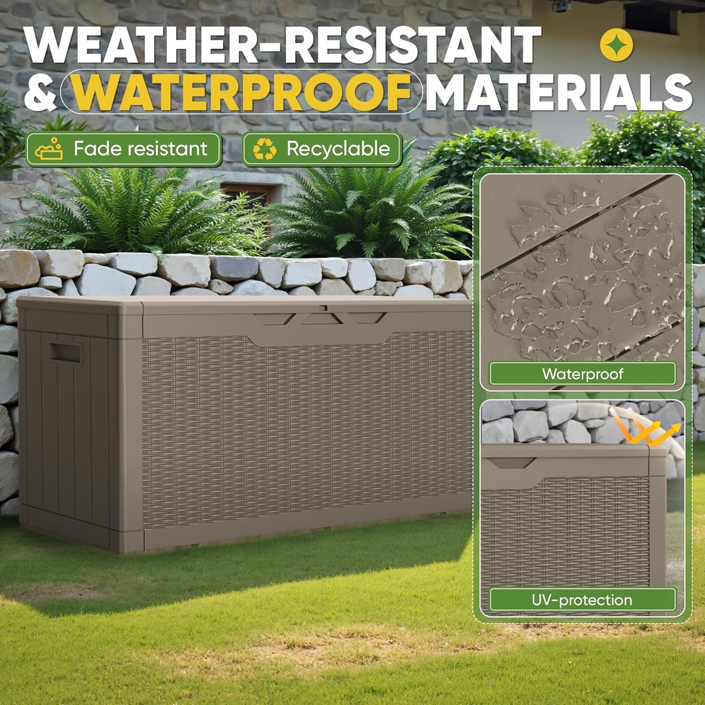 Greesum 100 Gallon Resin Deck Box Lockable Large Outdoor Storage Boxes for Garden Tools, Patio