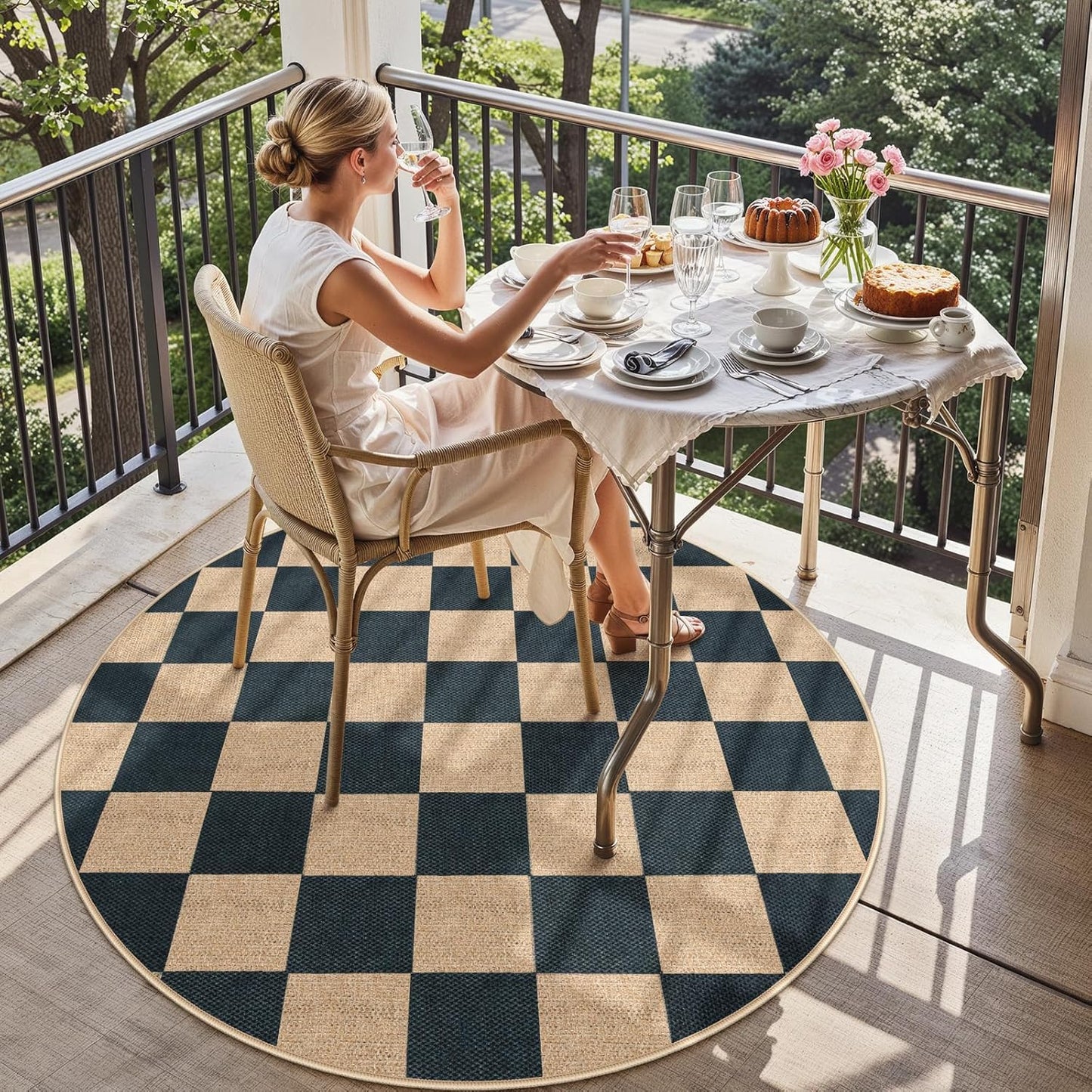 Lahome Checkered 4 ft Easy Jute Round Rug, Washable Small Rugs for Entryway Patio, Farmhouse Non
