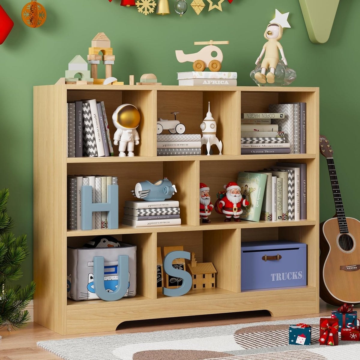 Book Shelf, 8 Cubes Storage Organizer, 3-Tier Open Shelf Wooden Bookcase, Freestanding Log