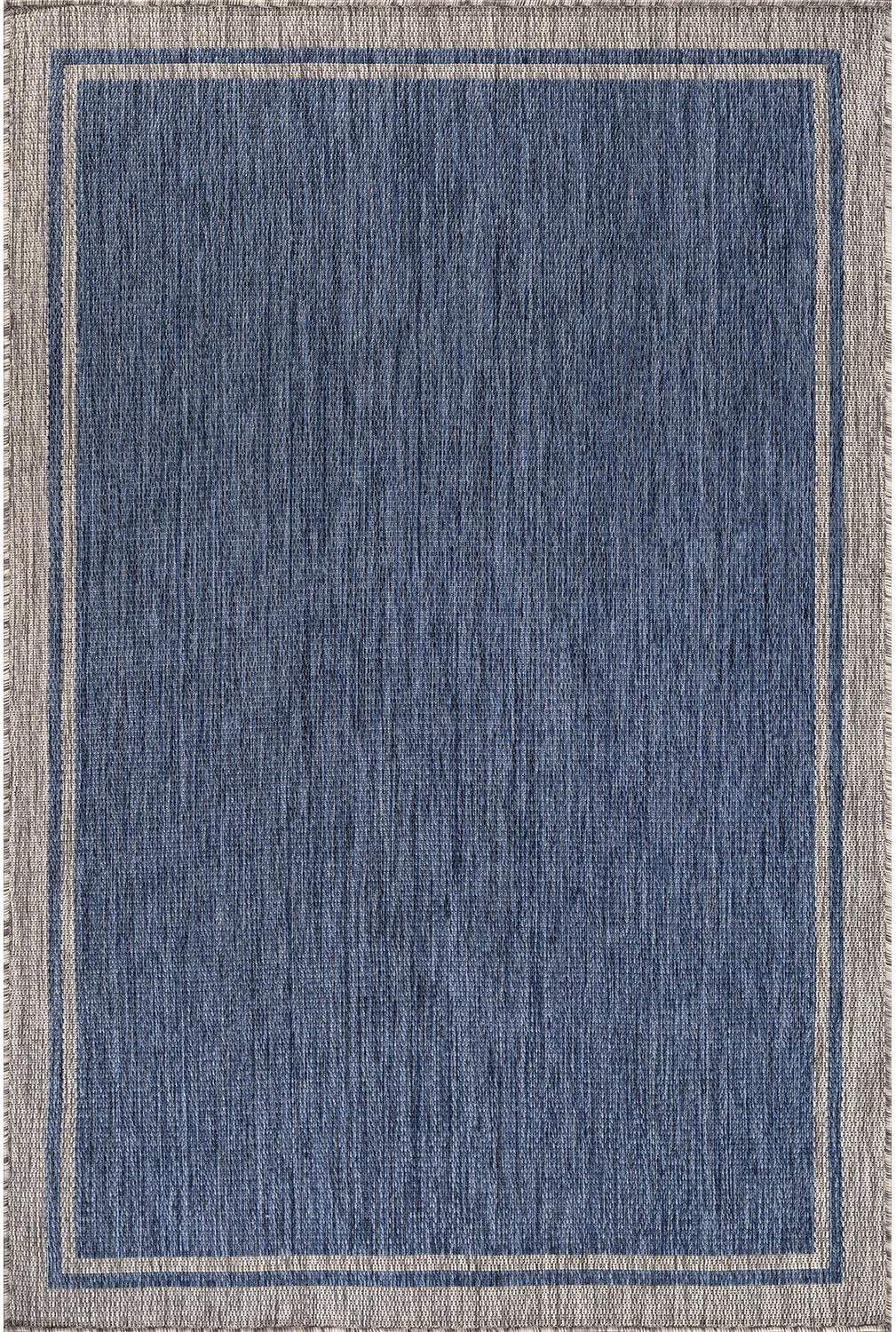 CAMILSON Outdoor Rug, 9x12 Bordered Navy Blue Gray Modern Large Area Rugs for Indoor and Outdoor