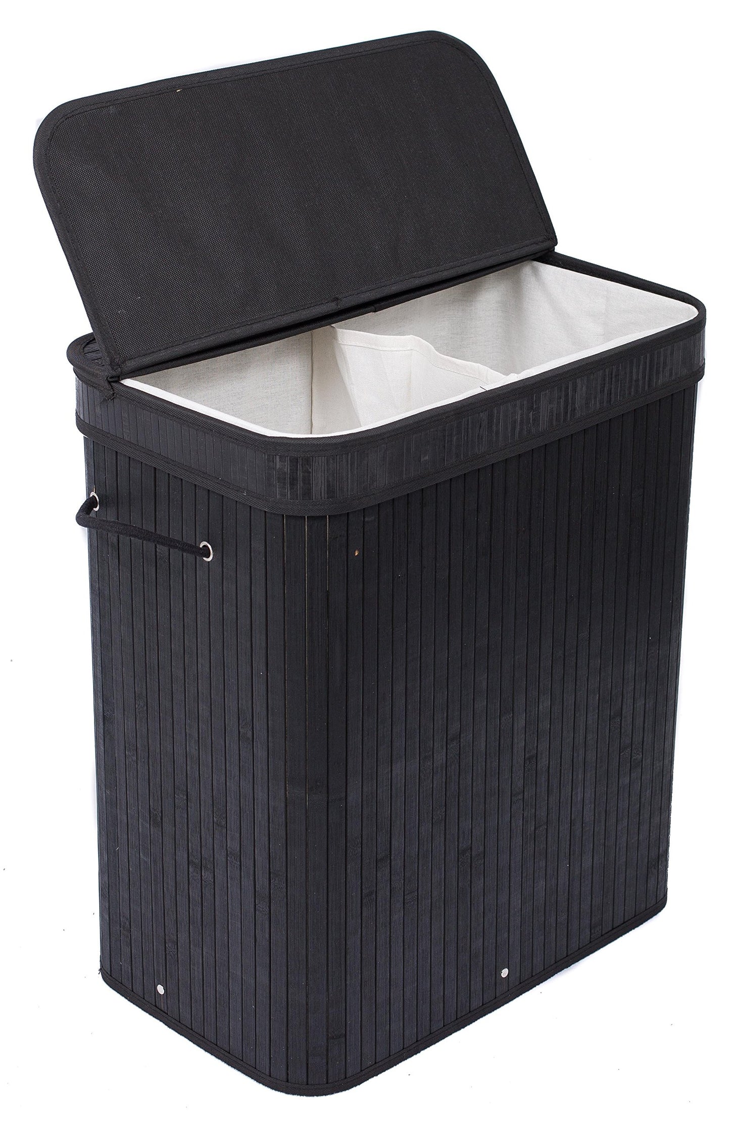BIRDROCK HOME Double Laundry Hamper with Lid and Cloth Liner - Bamboo - Black - Easily Transport