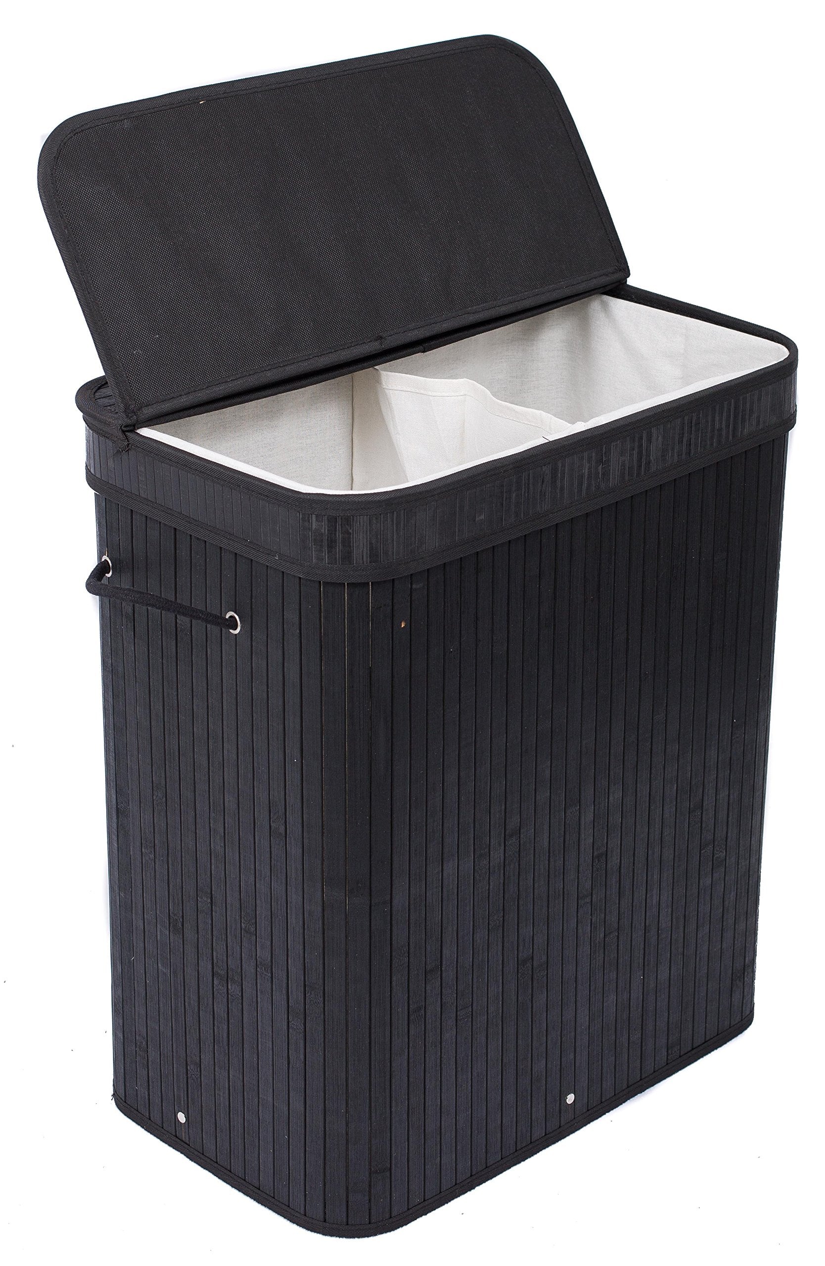BIRDROCK HOME Double Laundry Hamper with Lid and Cloth Liner - Bamboo - Black - Easily Transport