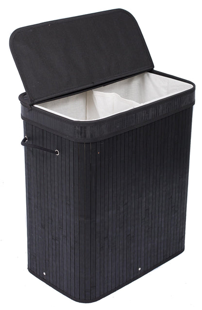 BIRDROCK HOME Double Laundry Hamper with Lid and Cloth Liner - Bamboo - Black - Easily Transport