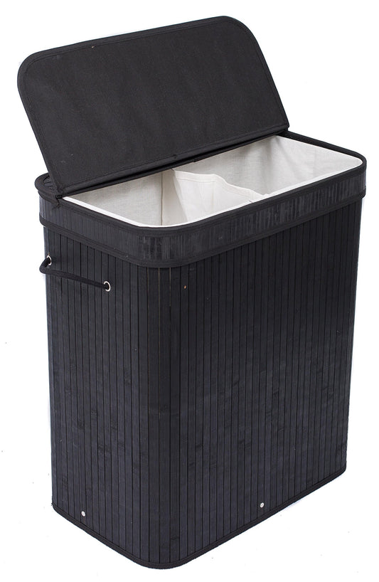 BIRDROCK HOME Double Laundry Hamper with Lid and Cloth Liner - Bamboo - Black - Easily Transport