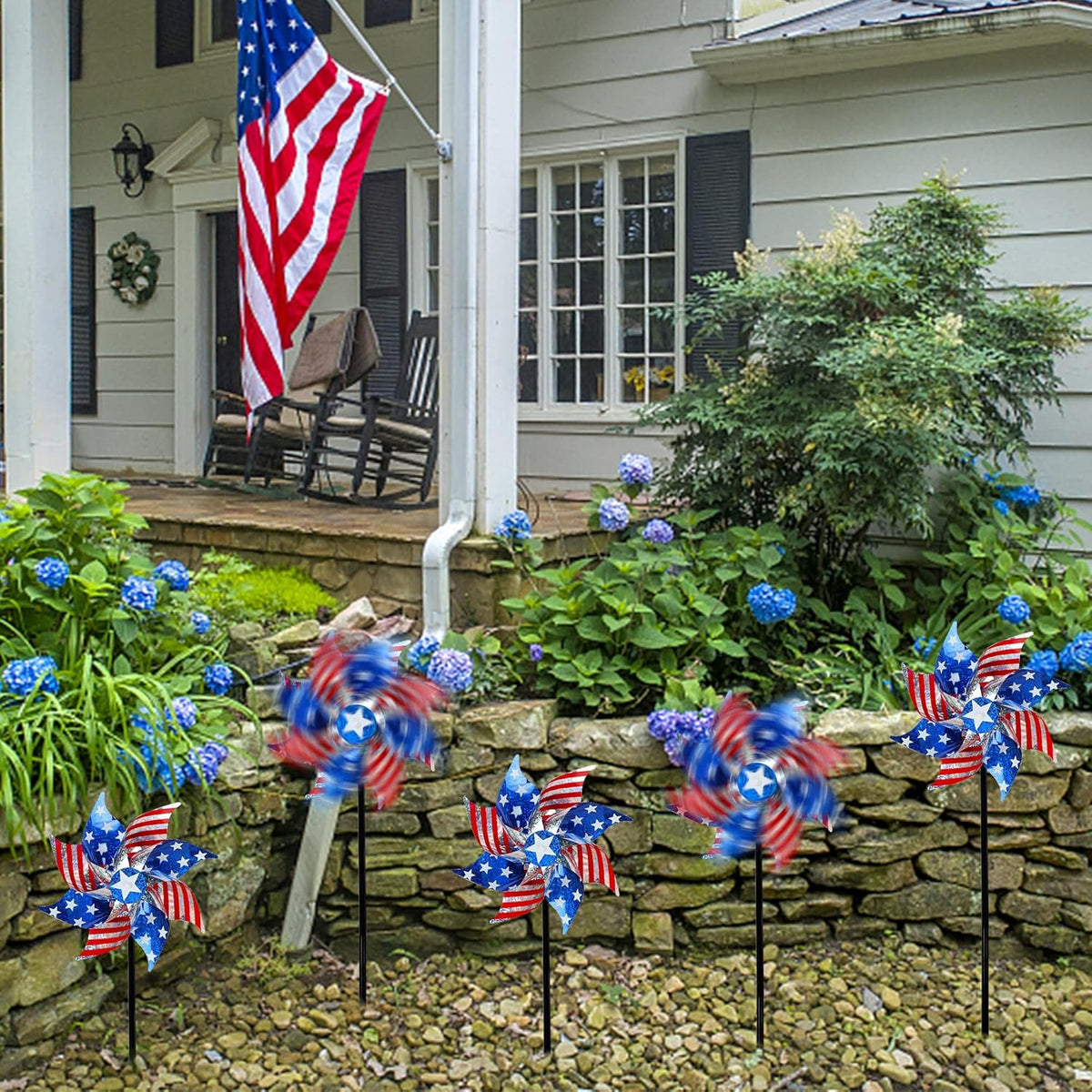Hausse 10 Pack Reflective Pinwheels Patriotic Decorations, American Flag on Stick Wind Spinner with