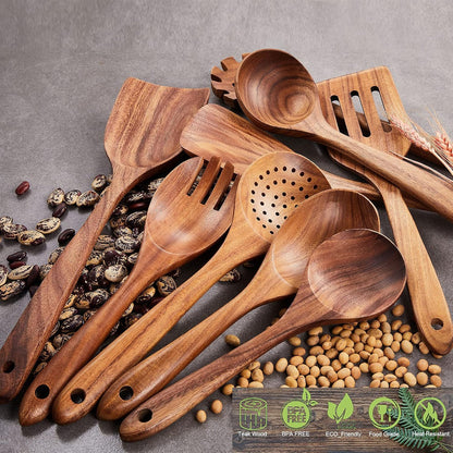 Wooden Kitchen Utensils Set,GUDAMAYE 9 PCE Natural Teak Wooden Spoons For Non-stick Pan for Cooking,