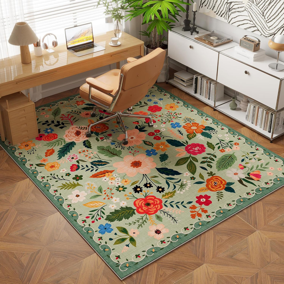 Area Rug 4x6 Rug Washable Boho Rugs Non Slip Low Pile Floral Small Carpet for Bedroom, Bedside