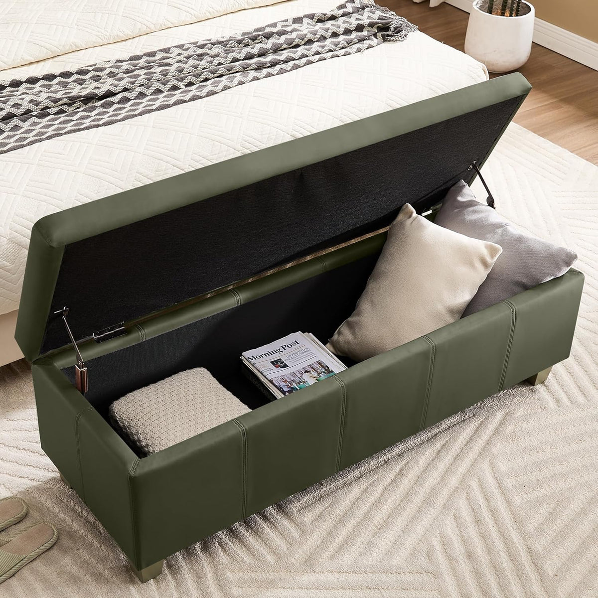 41" Faux Leather Storage Ottoman, Stitch Tufted Rectangle Upholstered End of Bed Storage Bench
